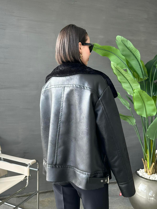 Suni Tavşan Tüylü Biker Ceket SİYAH