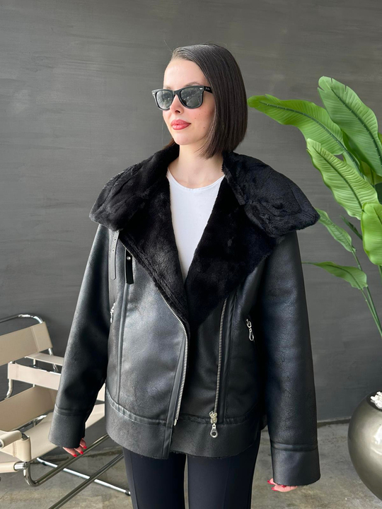 Suni Tavşan Tüylü Biker Ceket SİYAH