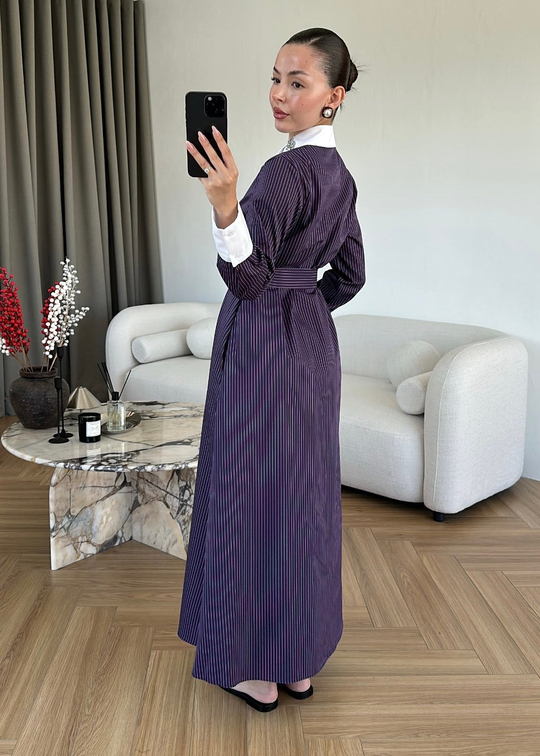 Taş Yakalı Çizgili Elbise LACİVERT
