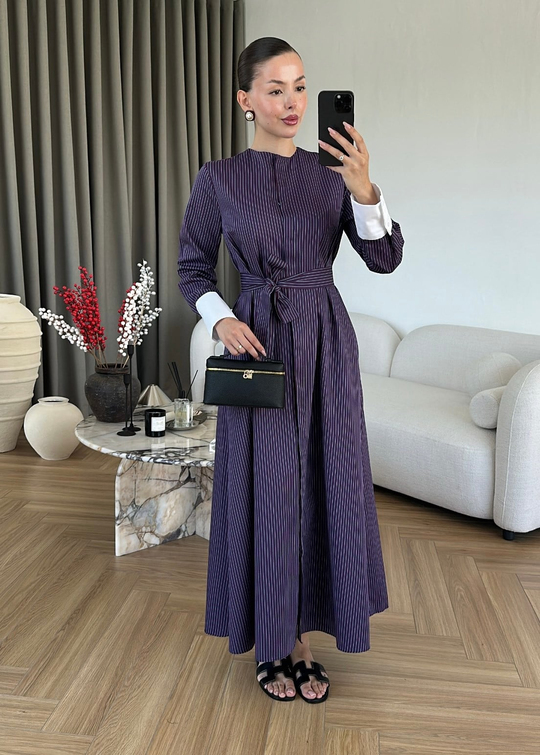 Taş Yakalı Çizgili Elbise LACİVERT