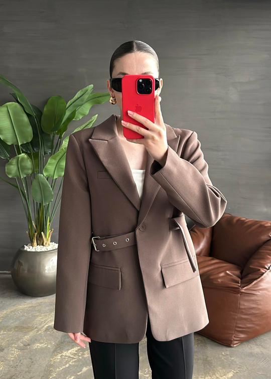 Tasarım Kemer Detaylı Blazer Ceket KAHVE
