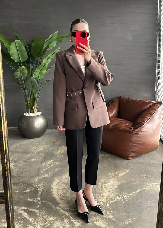 Tasarım Kemer Detaylı Blazer Ceket KAHVE
