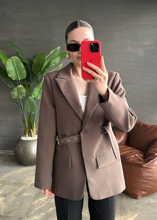 Tasarım Kemer Detaylı Blazer Ceket KAHVE