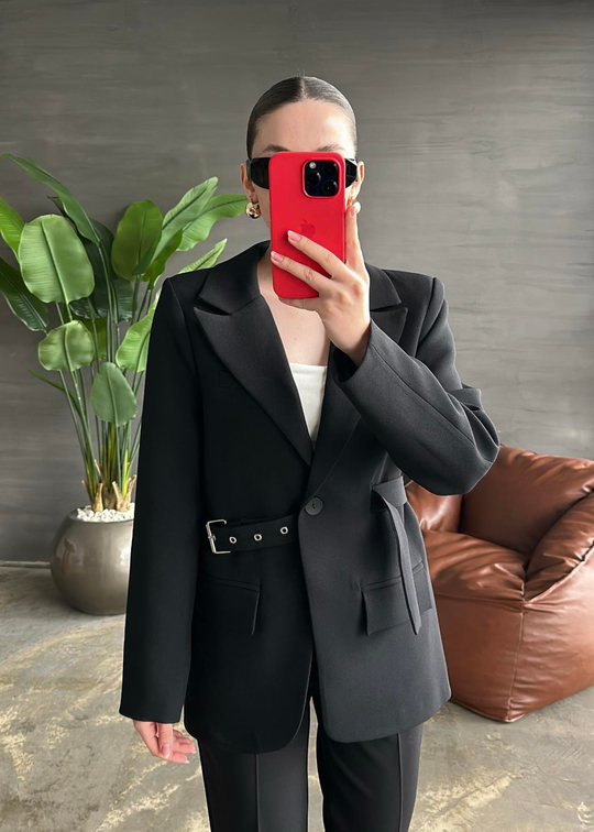Tasarım Kemer Detaylı Blazer Ceket SİYAH