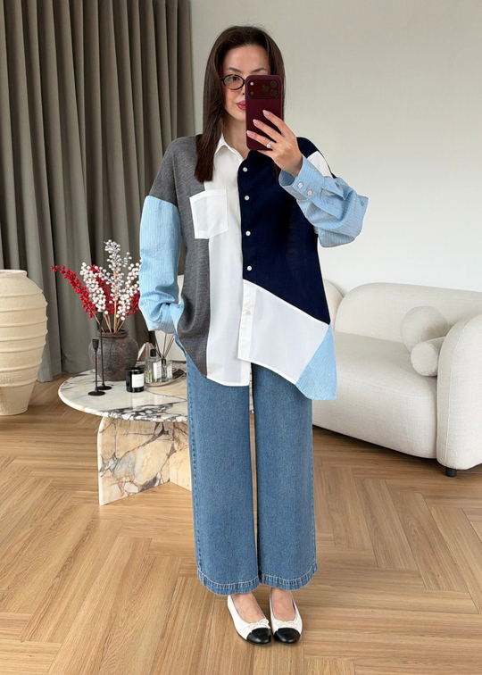 Taşlı Asimetrik Triko Gömlek RENKLİ