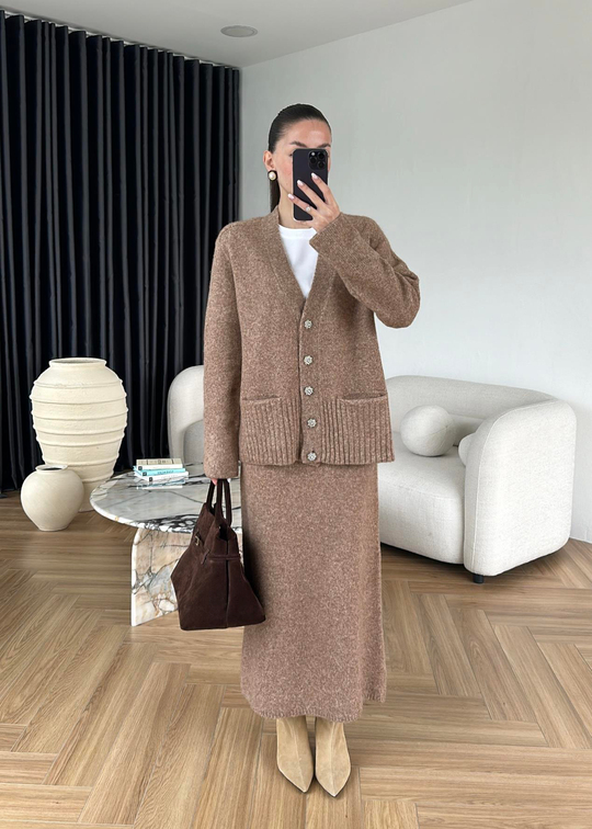 Taşlı Düğmeli Dilvin Etekli Takım CAMEL