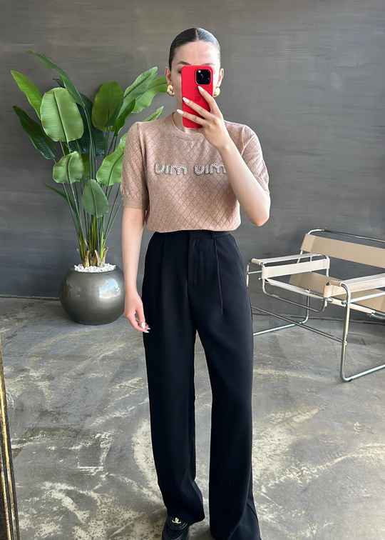 Taşlı Triko Bluz CAMEL