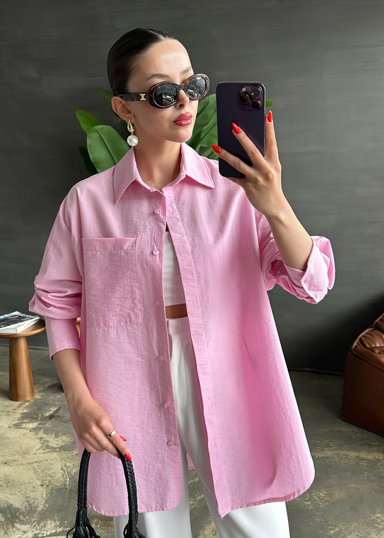 Tek Cepli Uzun Basic Gömlek PEMBE