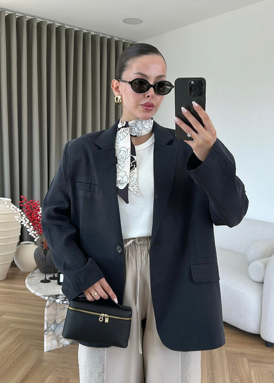 Tensel Vatkalı Oversize Ceket SİYAH