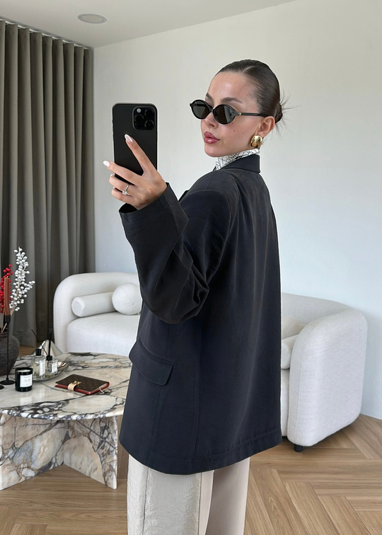 Tensel Vatkalı Oversize Ceket SİYAH