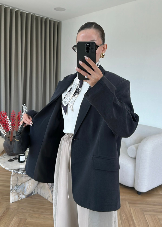 Tensel Vatkalı Oversize Ceket SİYAH