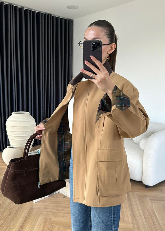 Torba Cepli Ekose Detaylı Ceket CAMEL