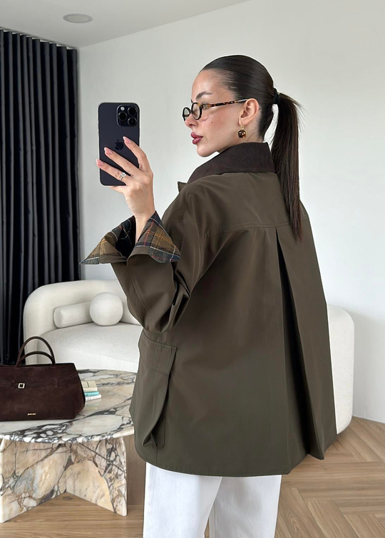 Torba Cepli Ekose Detaylı Ceket HAKİ