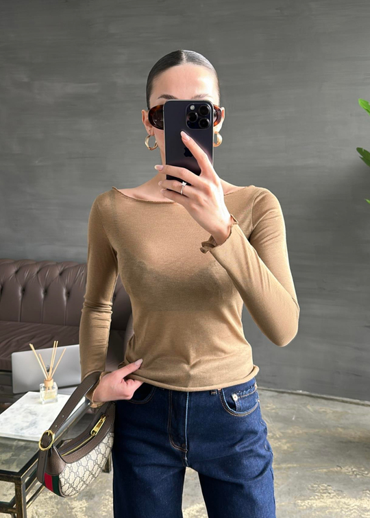 Transparan Kayık Yaka Bluz CAMEL