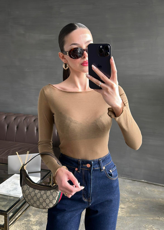 Transparan Kayık Yaka Bluz CAMEL