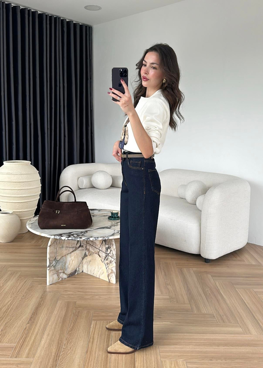 Ütü İzli Düz Jean Koyu Mavi