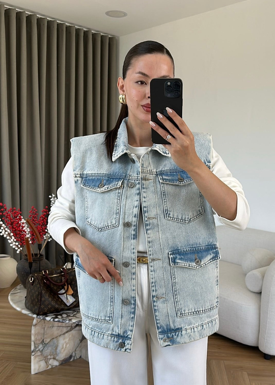 Vatkalı Denim Yelek BUZ MAVİ