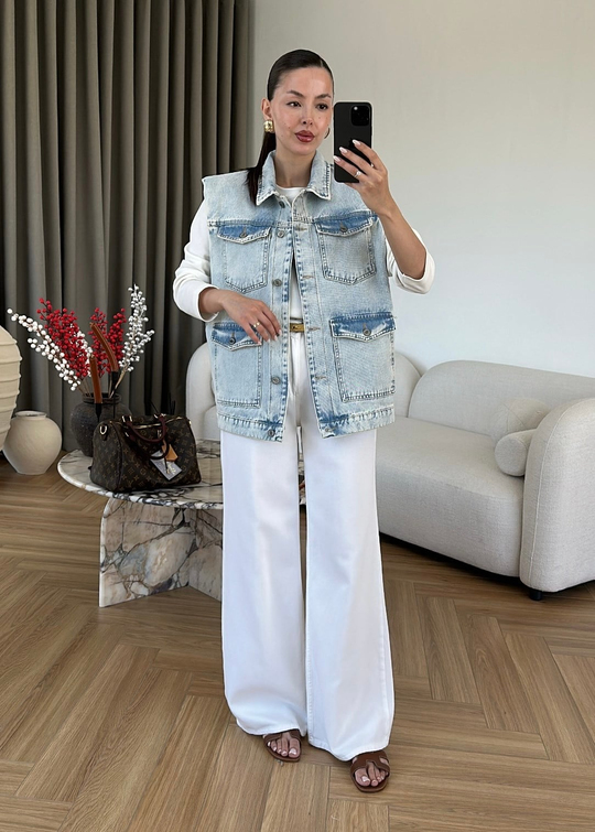 Vatkalı Denim Yelek BUZ MAVİ