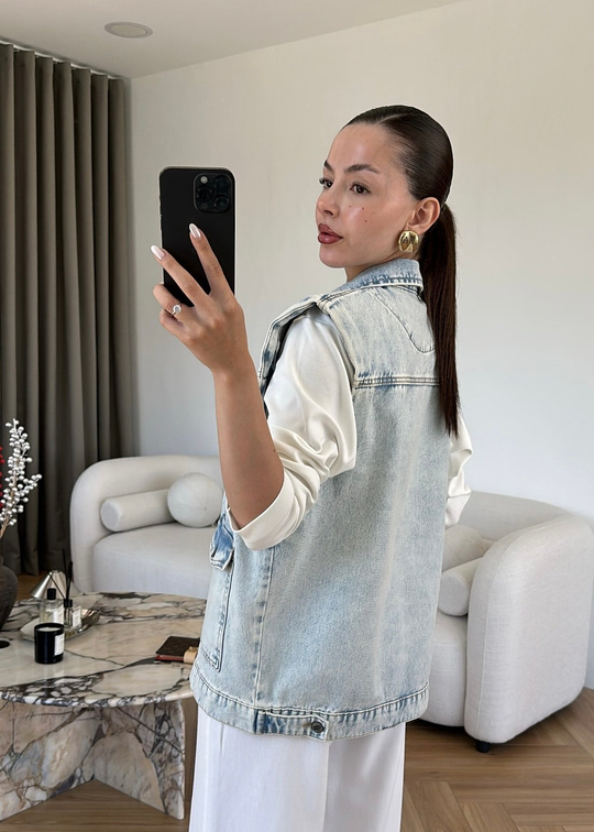 Vatkalı Denim Yelek BUZ MAVİ