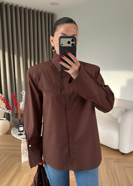 Vatkalı Geniş Manşetli Gömlek ACI KAHVE