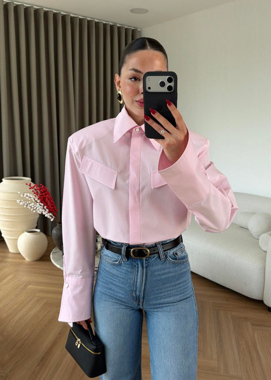 Vatkalı Geniş Manşetli Gömlek PUDRA PEMBE
