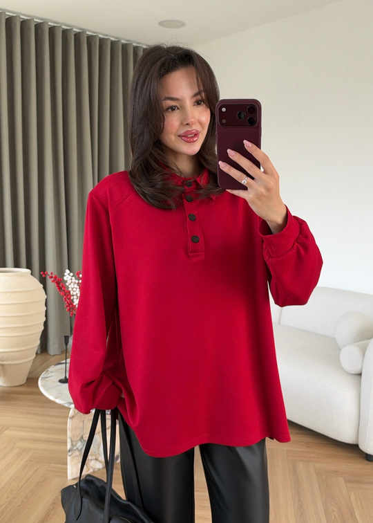 Vatkalı Polo Yakalı Sweat KIRMIZI