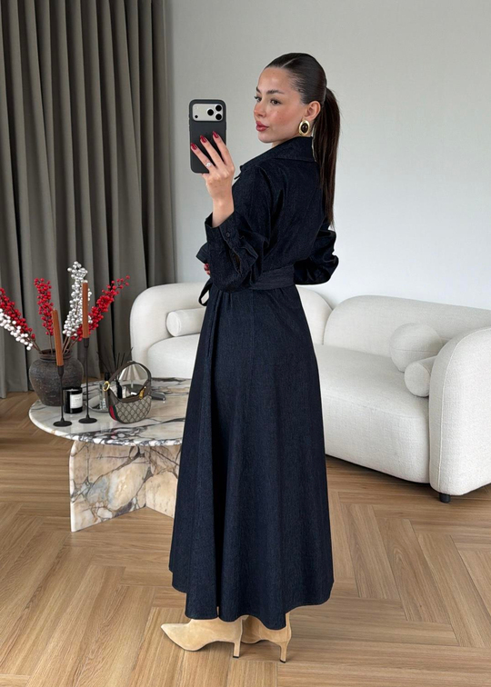 Volanlı Denim Elbise LACİVERT