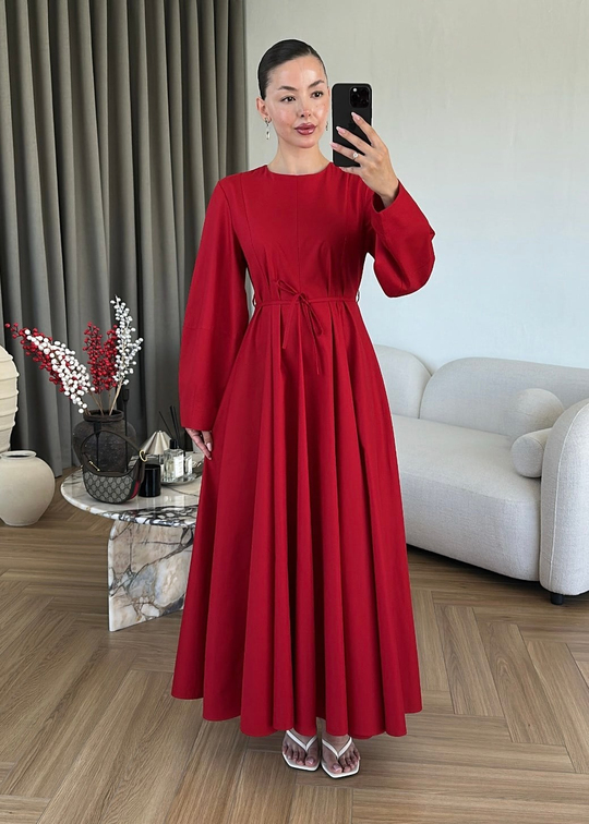 Volanlı Poplin Elbise KIRMIZI