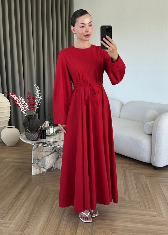 Volanlı Poplin Elbise KIRMIZI