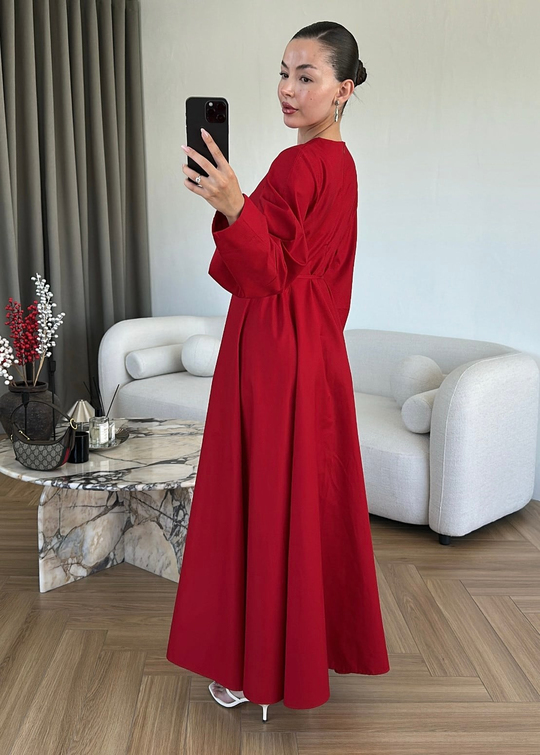 Volanlı Poplin Elbise KIRMIZI