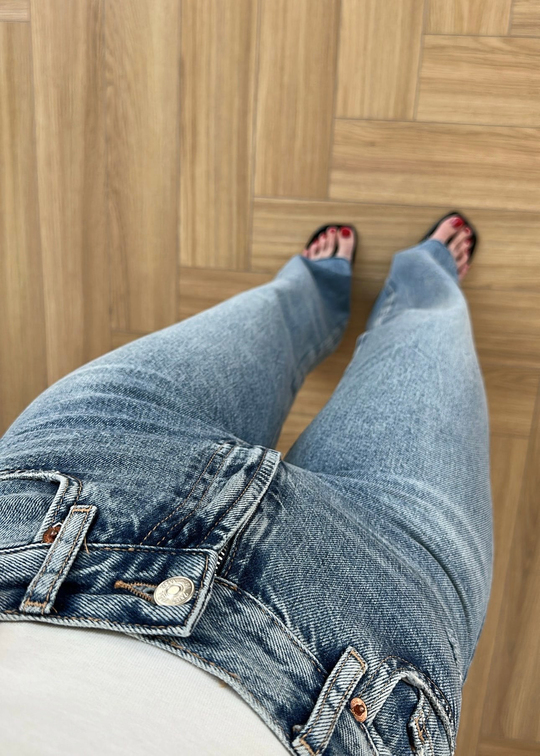 Wood Straight Jean Orta Mavi