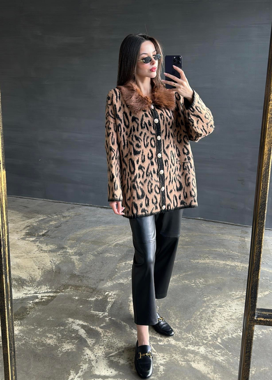 Yakası Kürklü Leopar Hırka CAMEL