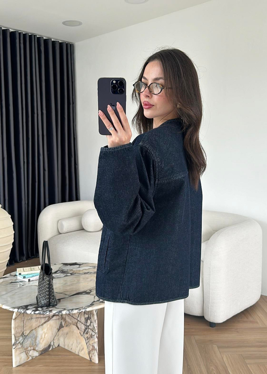 Yakasız Denim Ceket LACİVERT