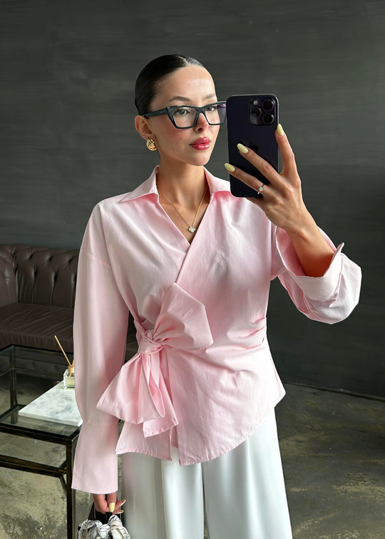Yandan Pileli Bağlamalı Gömlek PUDRA PEMBE