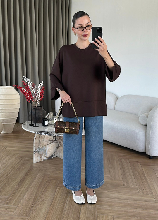 Yanı Yırtmaçlı Uzun Kollu Sweat ACI KAHVE