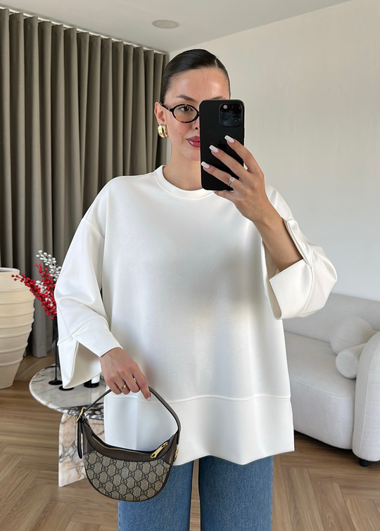 Yanı Yırtmaçlı Uzun Kollu Sweat BEYAZ