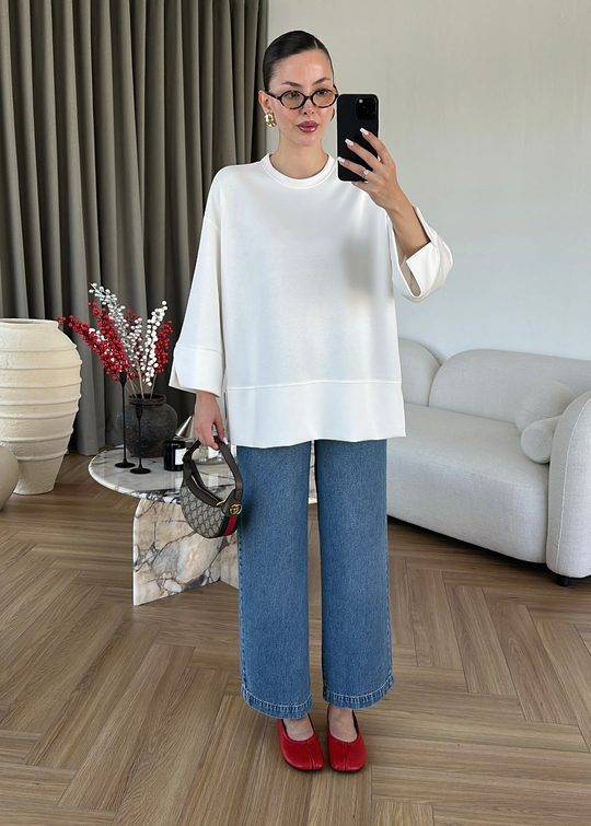 Yanı Yırtmaçlı Uzun Kollu Sweat BEYAZ
