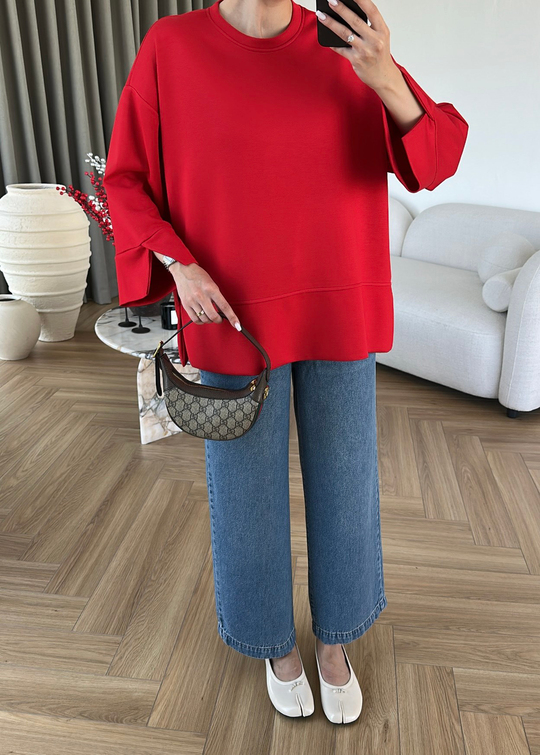 Yanı Yırtmaçlı Uzun Kollu Sweat KIRMIZI
