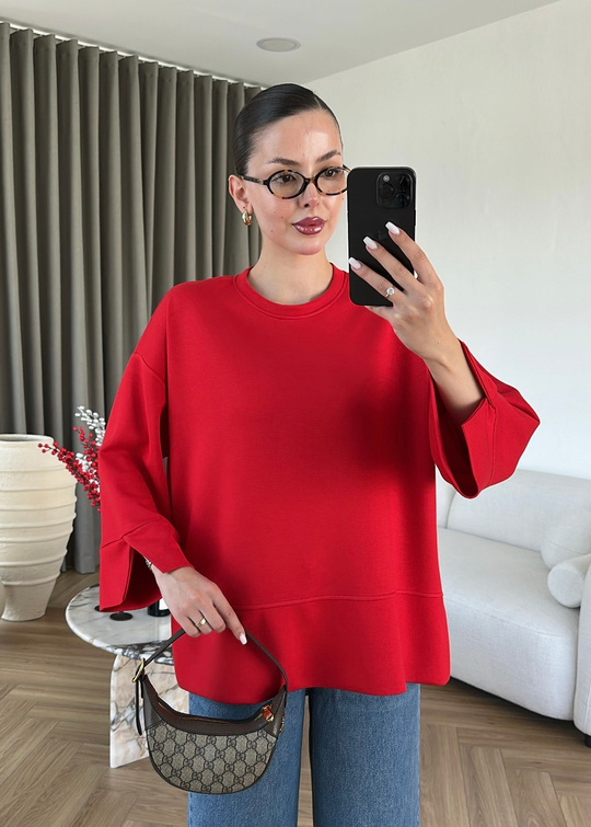 Yanı Yırtmaçlı Uzun Kollu Sweat KIRMIZI