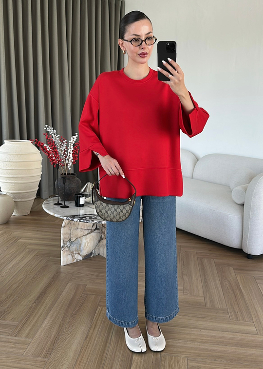 Yanı Yırtmaçlı Uzun Kollu Sweat KIRMIZI