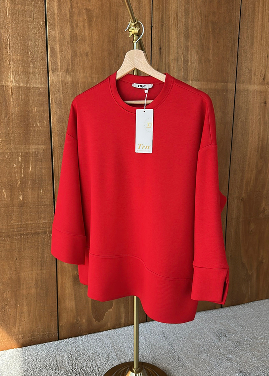 Yanı Yırtmaçlı Uzun Kollu Sweat KIRMIZI