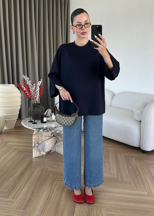 Yanı Yırtmaçlı Uzun Kollu Sweat LACİVERT
