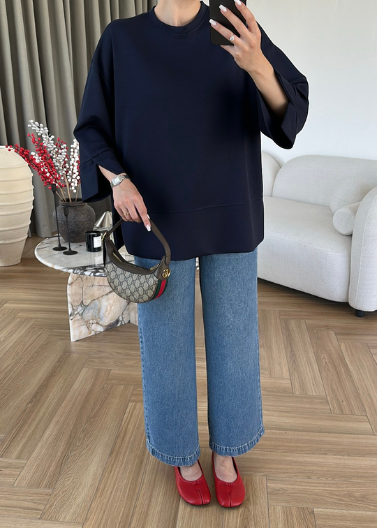 Yanı Yırtmaçlı Uzun Kollu Sweat LACİVERT