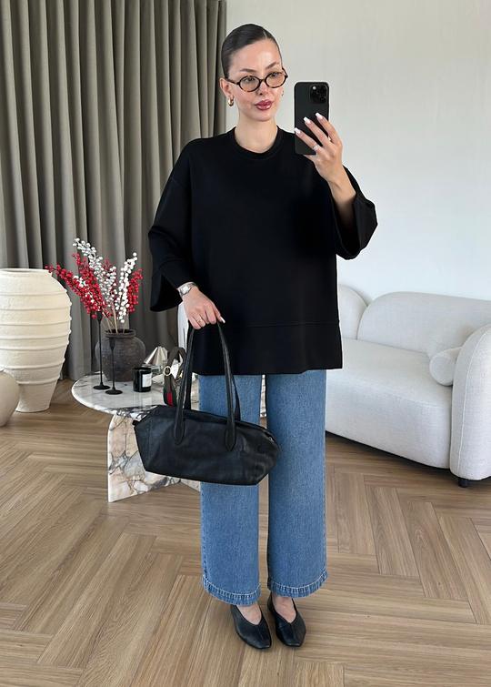 Yanı Yırtmaçlı Uzun Kollu Sweat SİYAH