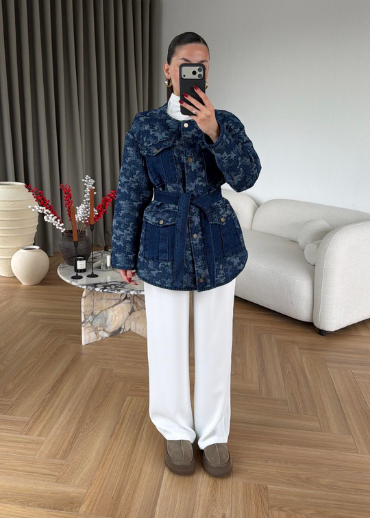 Yapboz Desenli Denim Ceket MAVİ