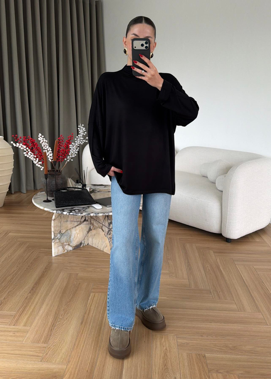 Yarım Balıkçı Modal Bluz SİYAH