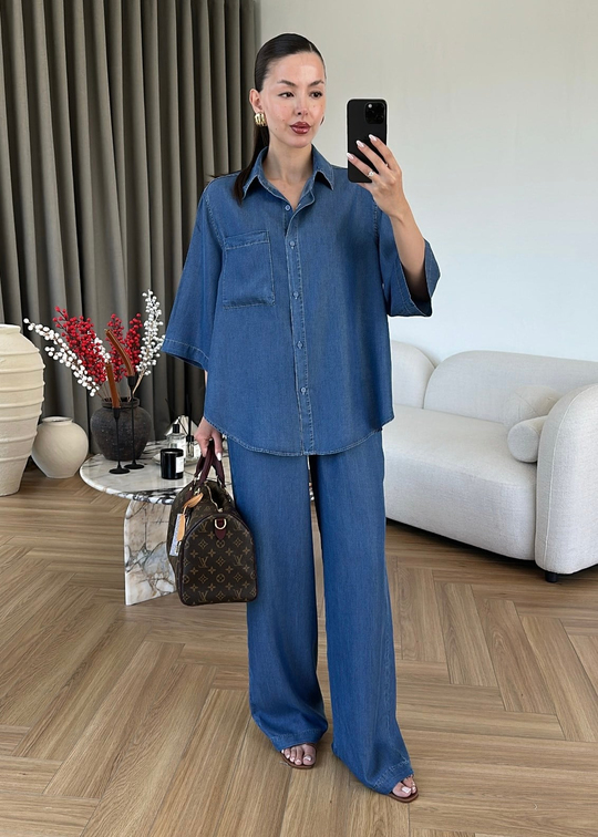Yarım Kollu Denim Tensel Takım Koyu Mavi