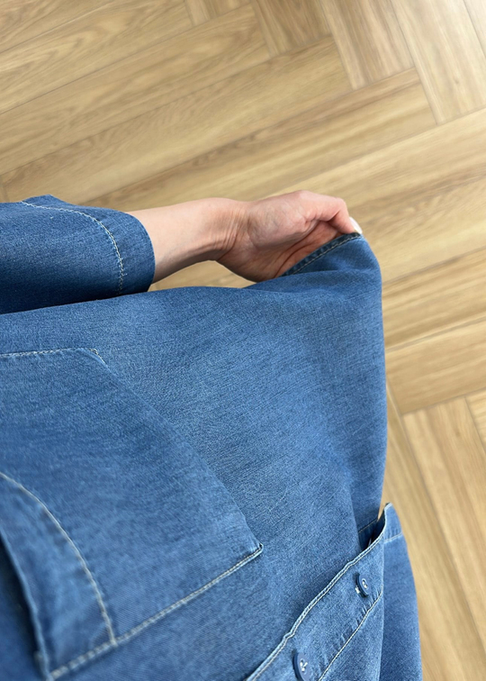Yarım Kollu Denim Tensel Takım Koyu Mavi