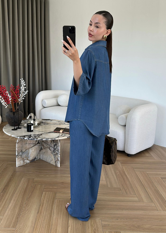 Yarım Kollu Denim Tensel Takım Koyu Mavi