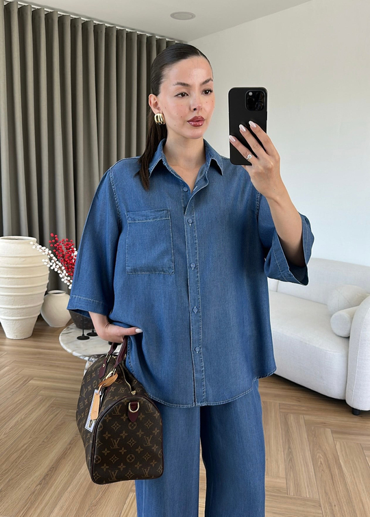 Yarım Kollu Denim Tensel Takım Koyu Mavi
